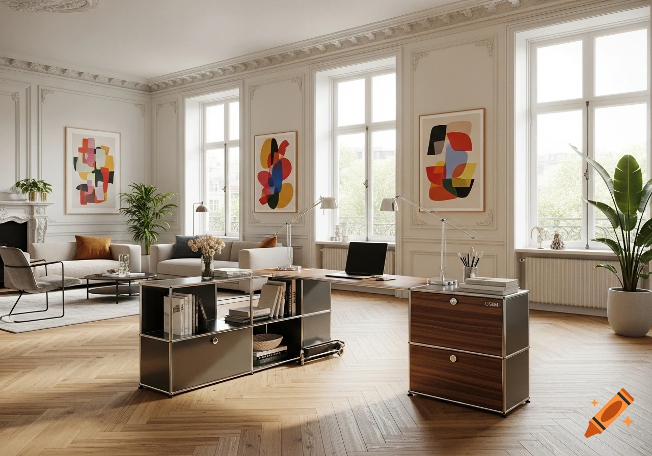 A modern modular desk with a laptop and storage sits in a bright, classic apartment living room with contemporary abstract art.