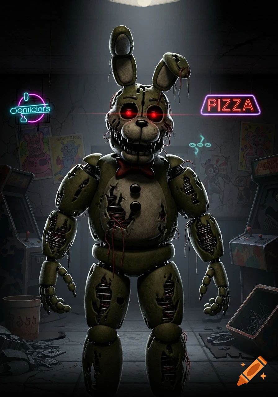 A creepy, dilapidated animatronic rabbit with glowing red eyes stands in a dark, run-down arcade with neon signs.