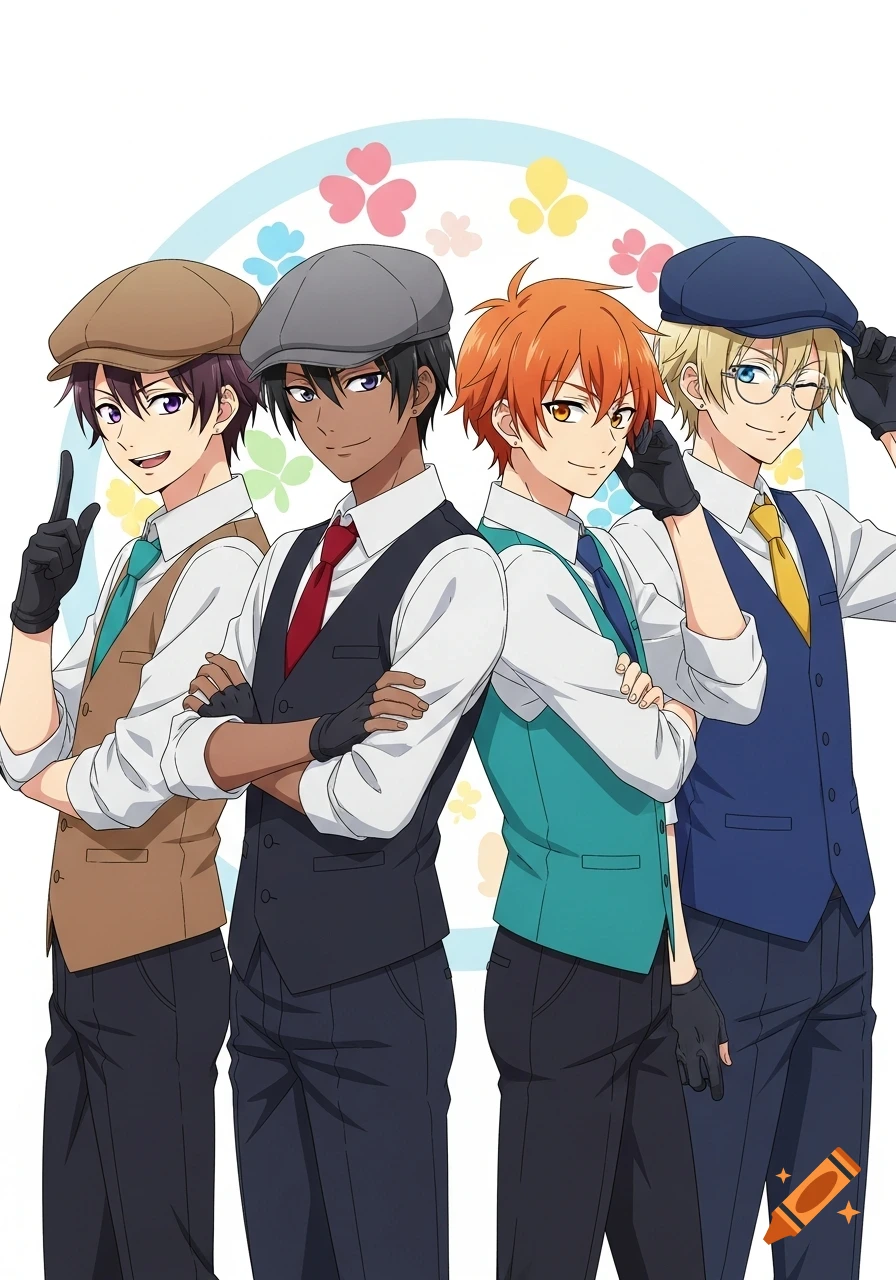 Four anime-style men in newsboy caps, vests, and ties, posing with colorful clover shapes in the background.