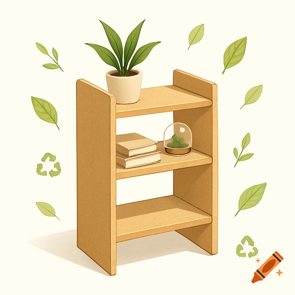 Illustration of a light brown wooden bookshelf with a potted plant, books, and a terrarium, surrounded by green leaves and recycling symbols.