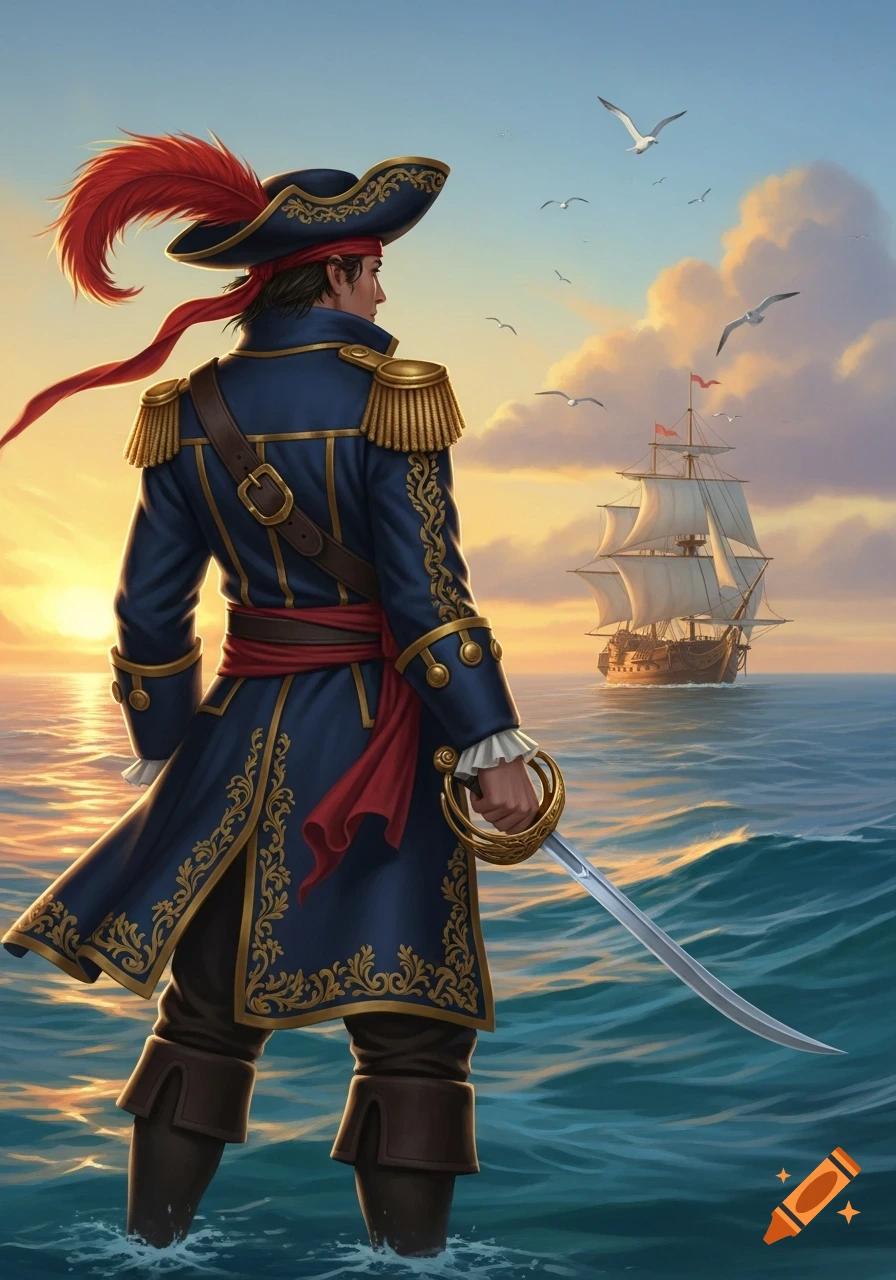 A man in a blue and gold pirate coat with a feathered hat stands in the ocean, holding a sword, watching a ship sail at sunset.