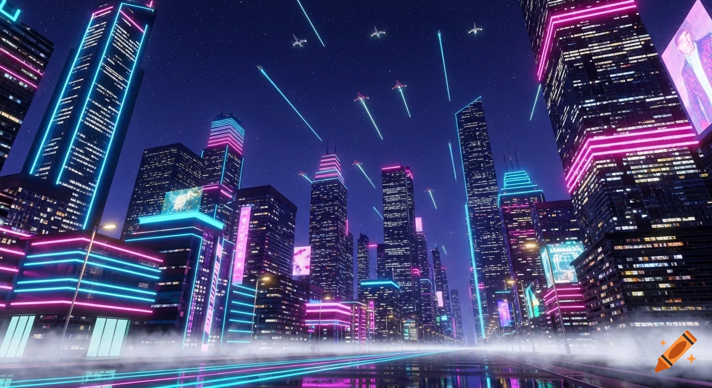 A vibrant, neon-lit cyberpunk city skyline at night with flying vehicles and fog on the streets, reminiscent of 80s aesthetics.