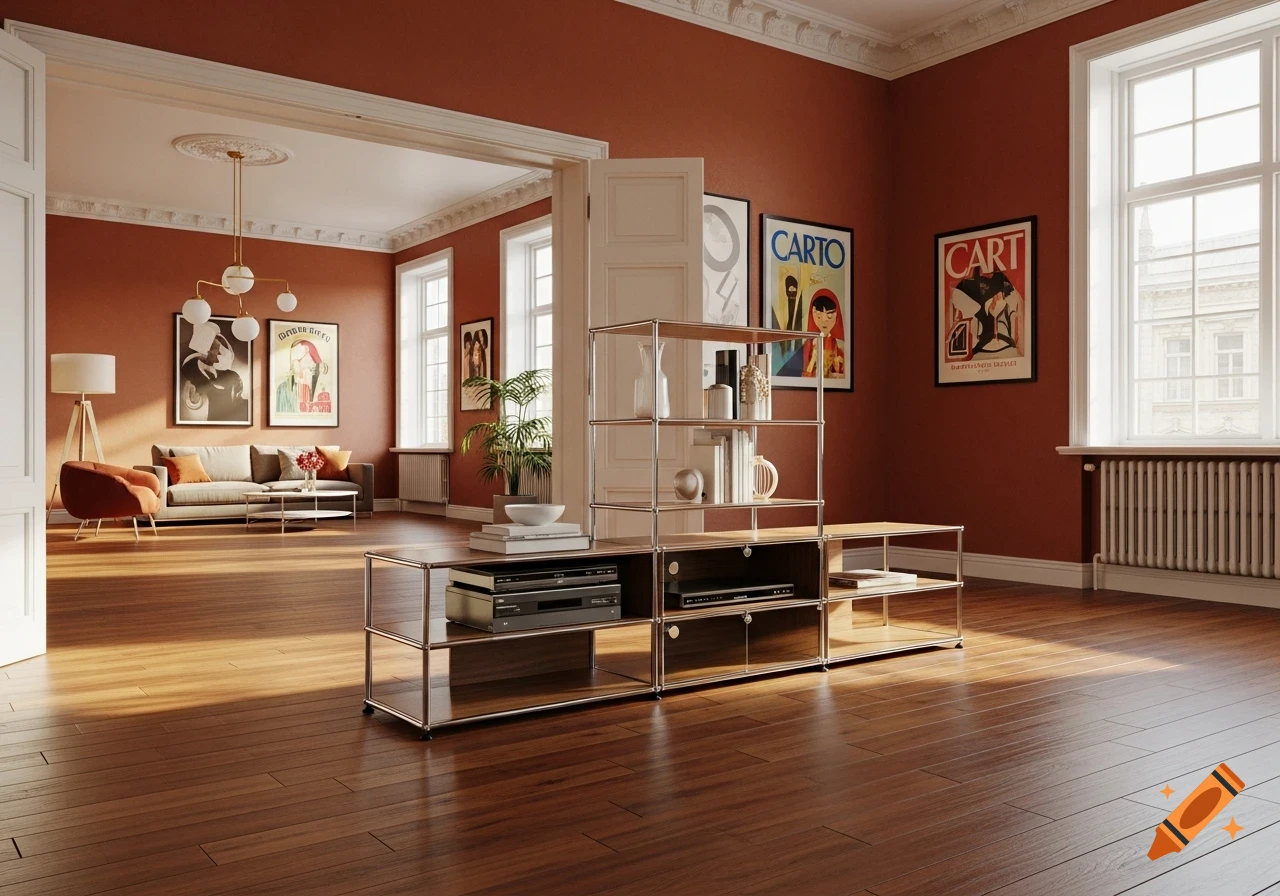 A modern living room with warm reddish-brown walls and high ceilings, featuring a chrome and wood media console and a sofa area.