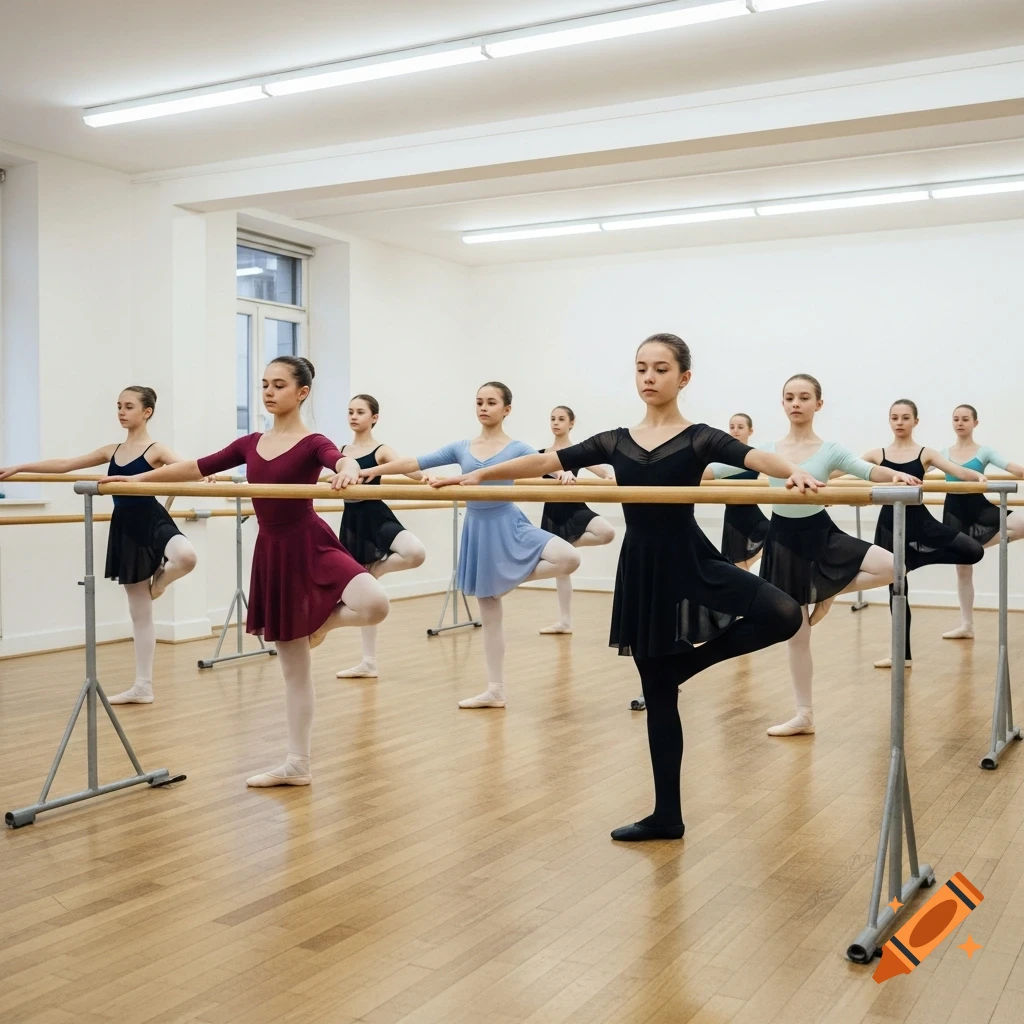 Young girls in leotards and tights practice ballet at a barre in a brightly lit studio with a wooden floor, looking determined.