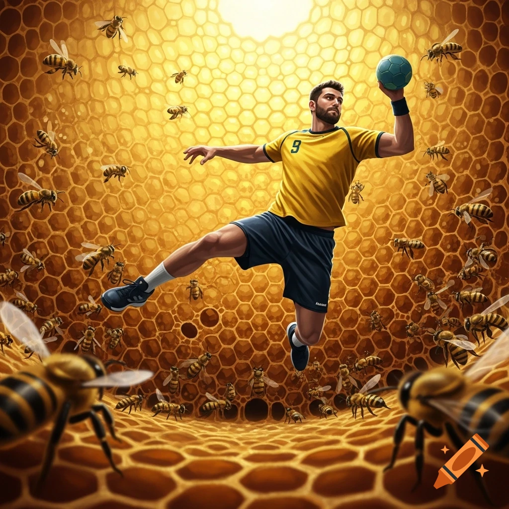 A male handball player in a yellow jersey leaps with a ball in a golden honeycomb, surrounded by flying bees.