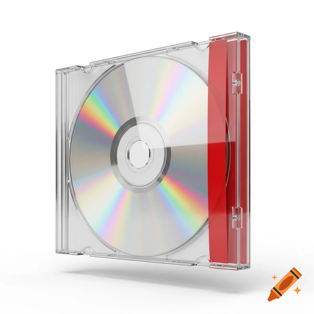 A clear CD case containing a compact disc, with a vertical strip of red tape along the right edge of the case.