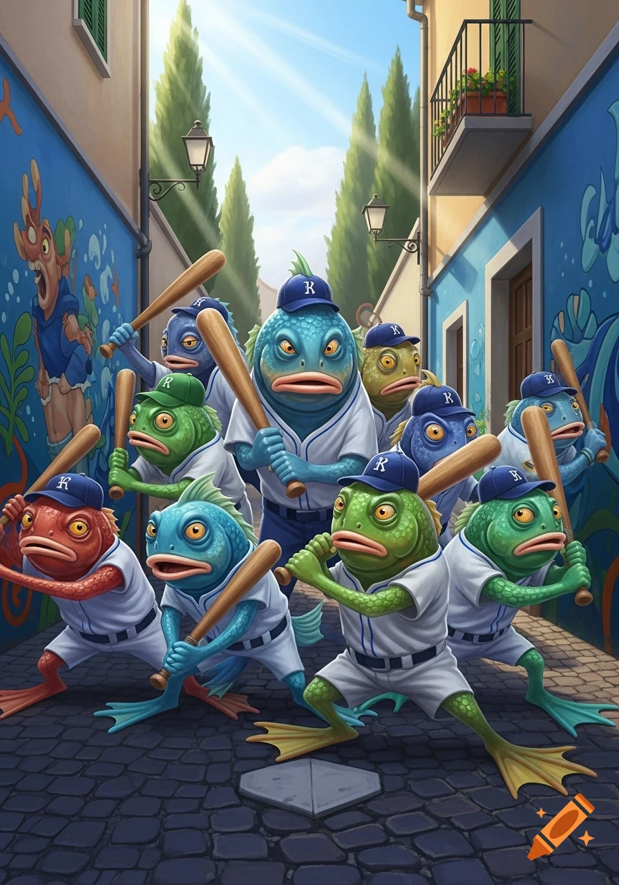 A team of colorful humanoid fish in baseball uniforms and caps, holding bats, stands on a cobblestone street in an Italian alleyway with murals.