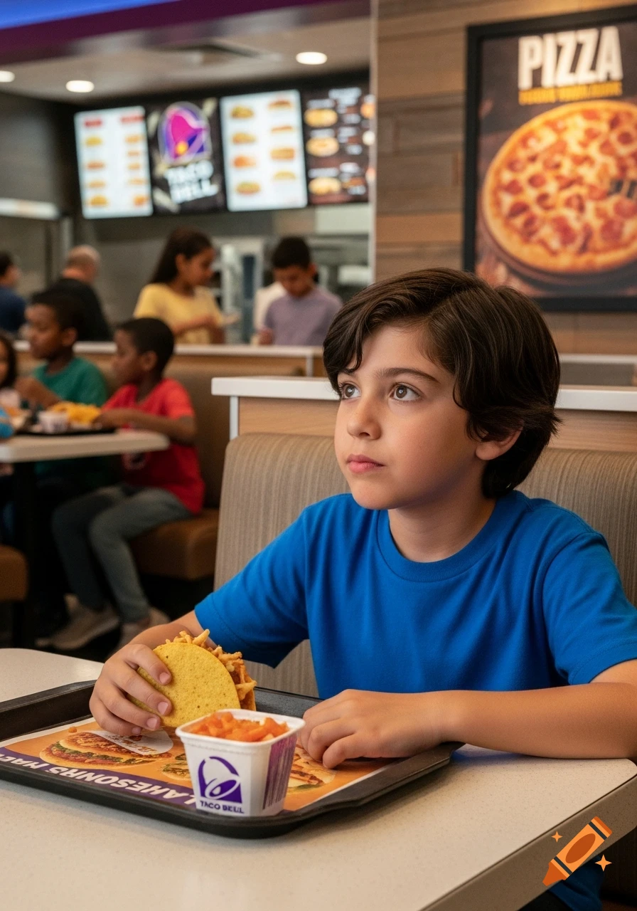 A boy in a blue shirt holds a taco and sits at a table in a Taco Bell restaurant, looking away thoughtfully. A pizza poster is on the wall behind him.