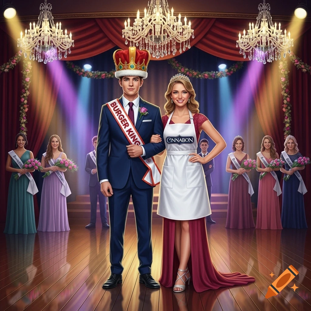 A man in a Burger King crown and sash stands with a woman in a Cinnabon apron and tiara on a prom court stage.
