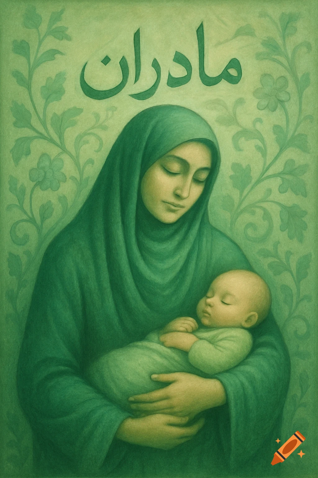 A woman in a green hijab holds a sleeping baby, with Farsi text 'Madaran' above, in a textured green painting style.