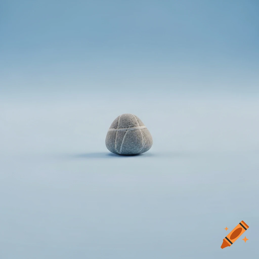 A small, smooth, grey stone with light stripes sits centered on a light blue background.