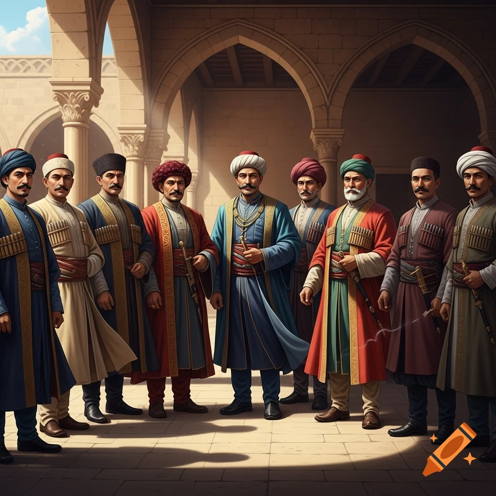 A group of men in richly decorated traditional Middle Eastern attire and turbans standing in an arched courtyard.