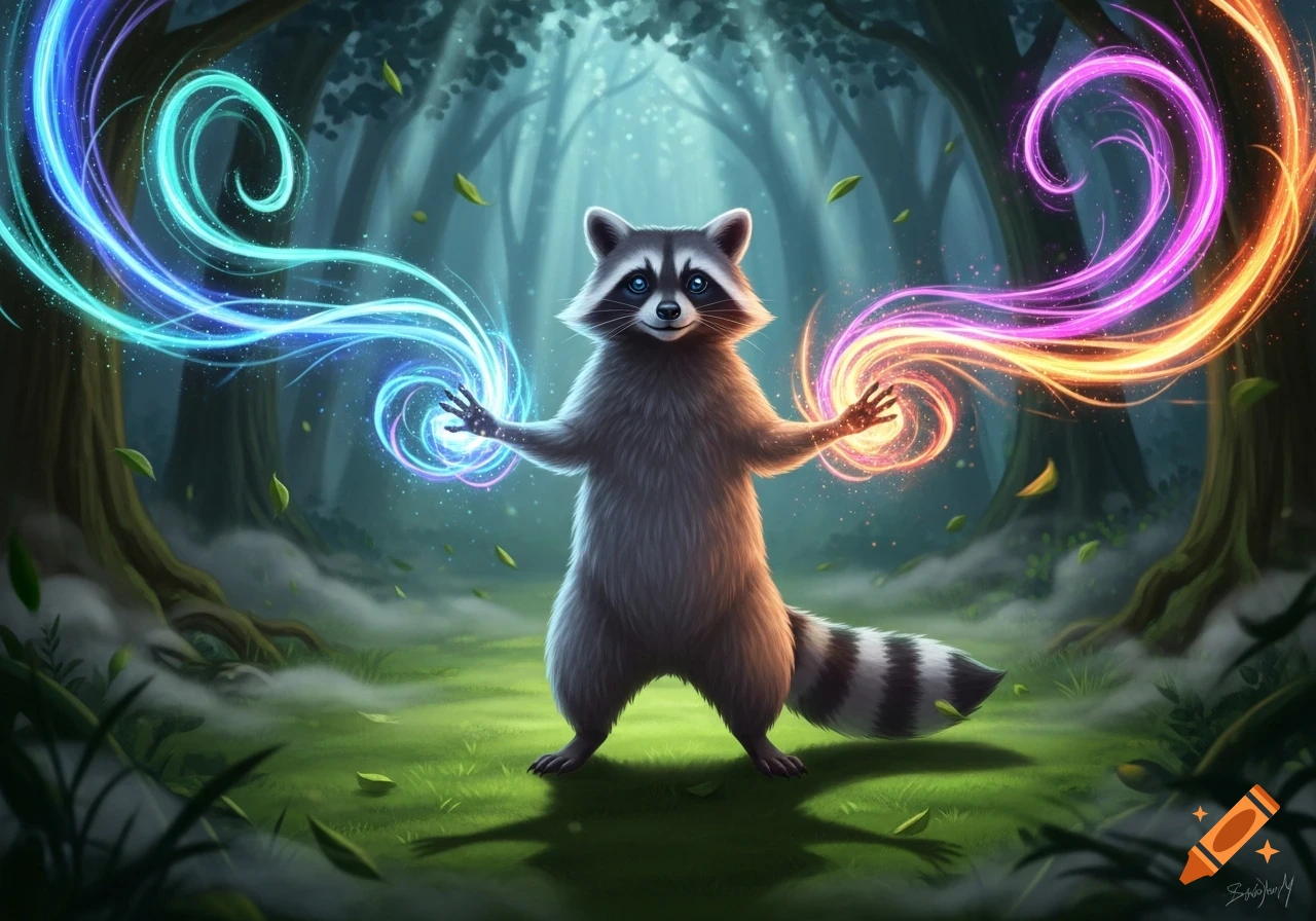 A fantasy illustration of a raccoon standing in a mystical forest, conjuring glowing blue and orange magic from its hands.