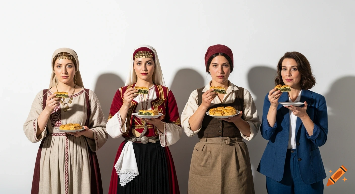Four women in historical and modern attire, from left to right, hold and eat spanakopita against a white background.