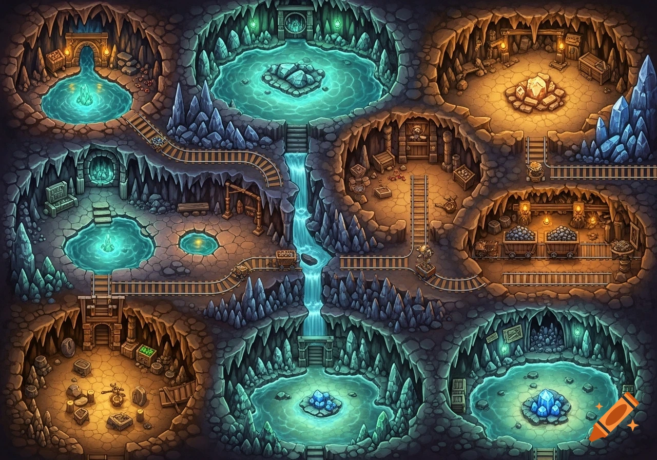 A colorful, detailed top-down fantasy cave map with multiple chambers, glowing blue pools, crystal deposits, and mine cart tracks.