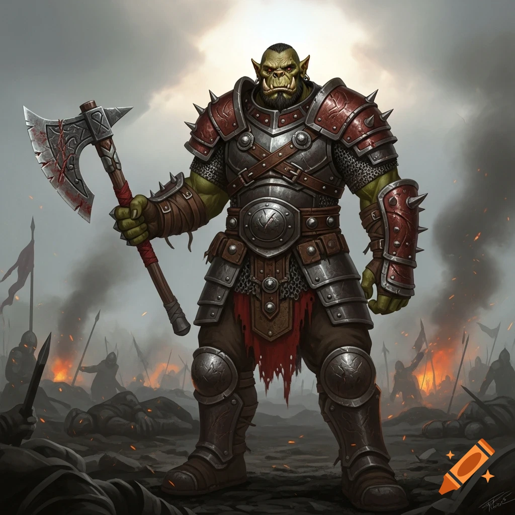 An intimidating orc warrior in ornate spiked armor wields a blood-stained axe on a smoky battlefield amidst fallen figures.