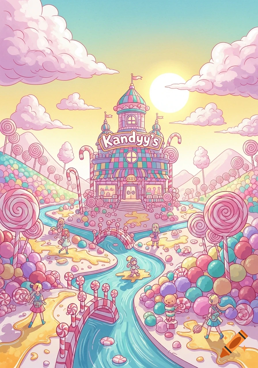 A vibrant, whimsical candy land illustration with a shop named 'Kandyy's', rivers of syrup, lollipop trees, and tiny people.