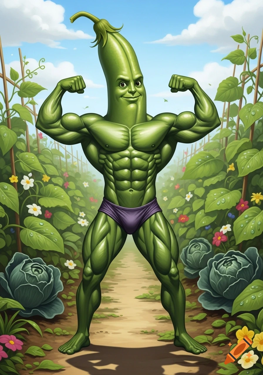 A muscular anthropomorphic green bean in purple briefs flexing in a vibrant garden with flowers and cabbage.
