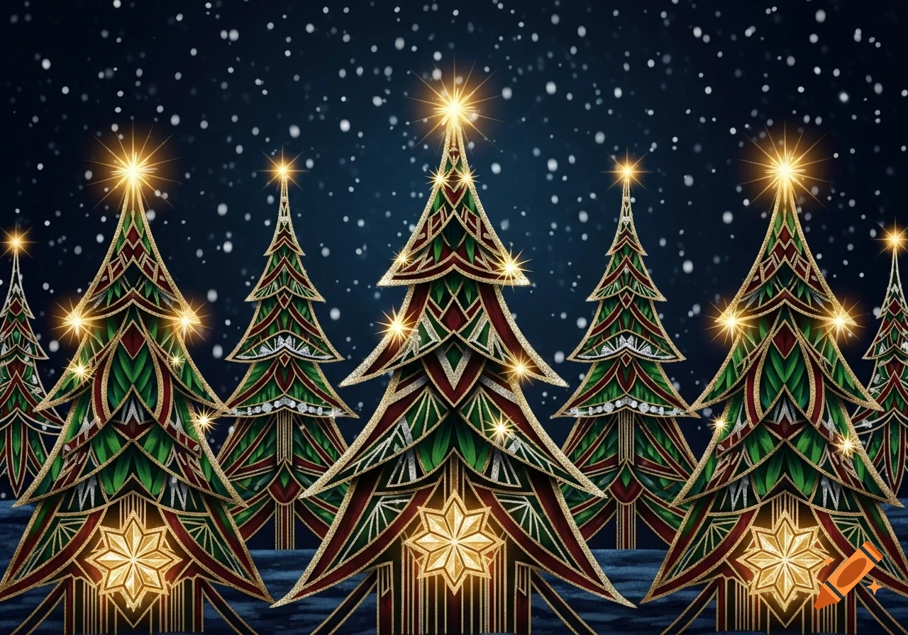 Art Deco style Christmas trees with sparkling stars and lights against a snowy night sky.