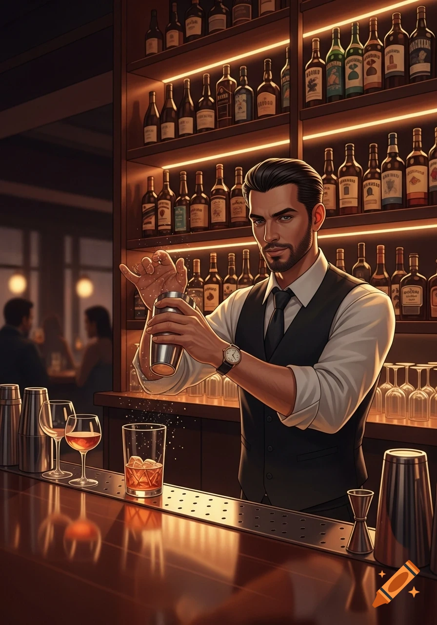 A stylish male bartender in a waistcoat shakes a cocktail shaker behind a bar with illuminated shelves of liquor bottles.