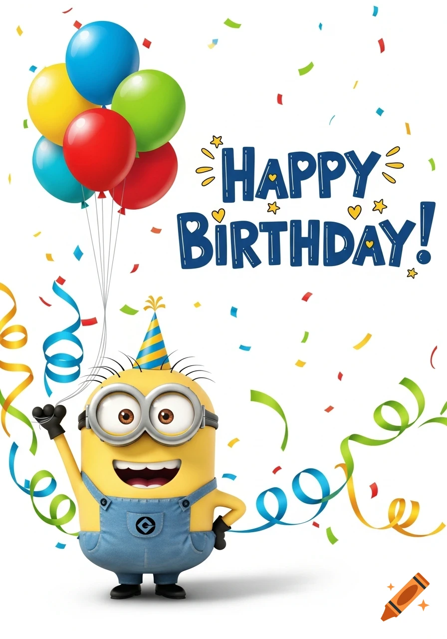 A cheerful Minion in a party hat holds colorful balloons and streamers with 'HAPPY BIRTHDAY!' text and confetti.
