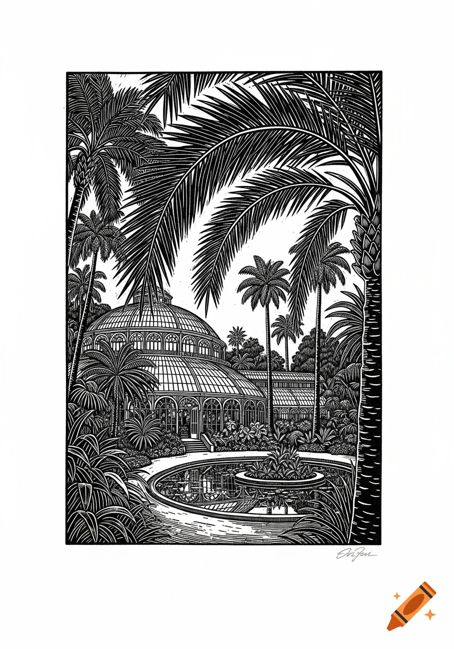 A black and white linocut illustration of a grand conservatory surrounded by lush palm trees and a circular pond.