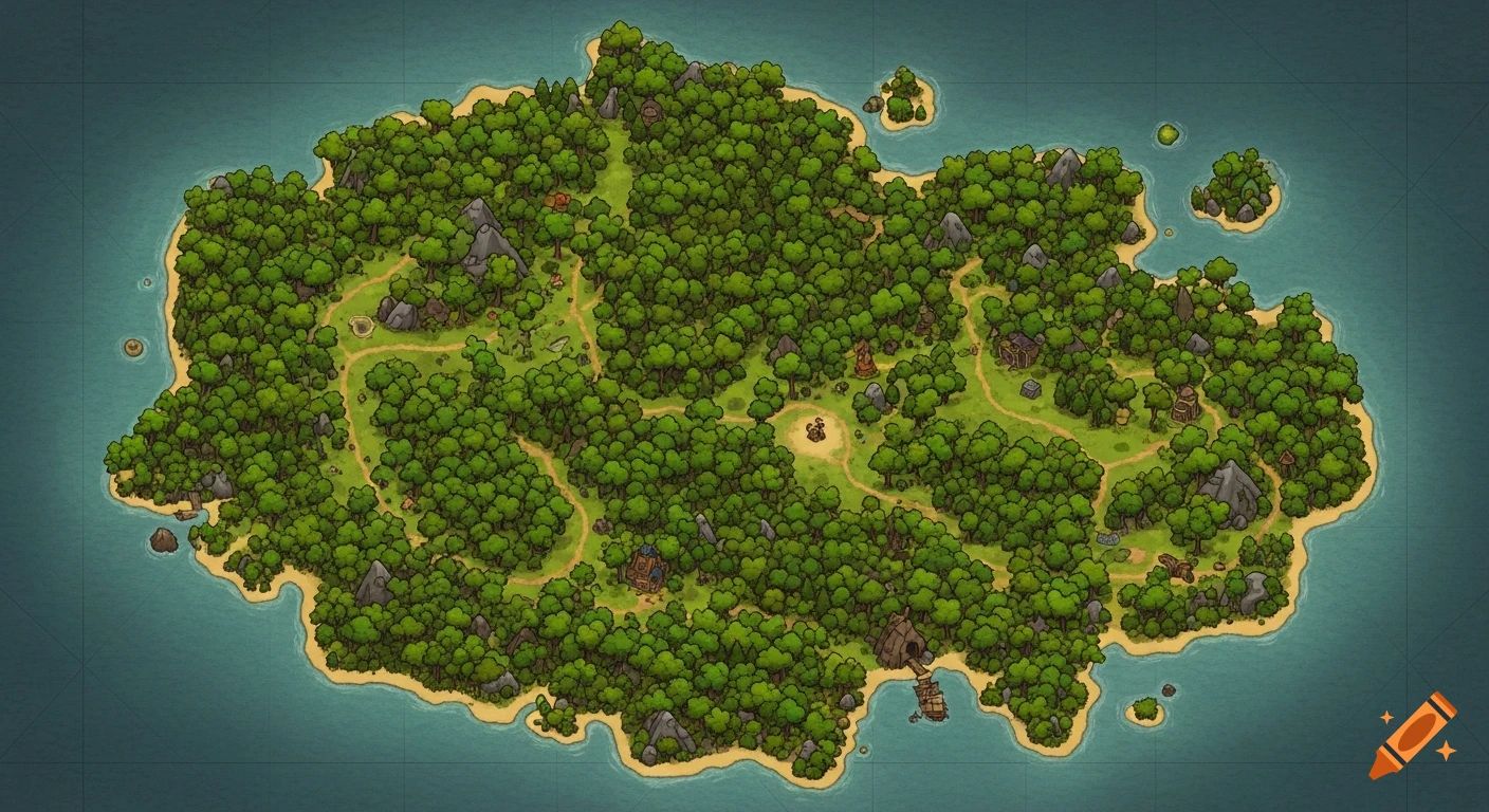 Top-down, hand-drawn style fantasy map of a large, densely forested island with paths, buildings, and rocky outcrops, surrounded by blue ocean.