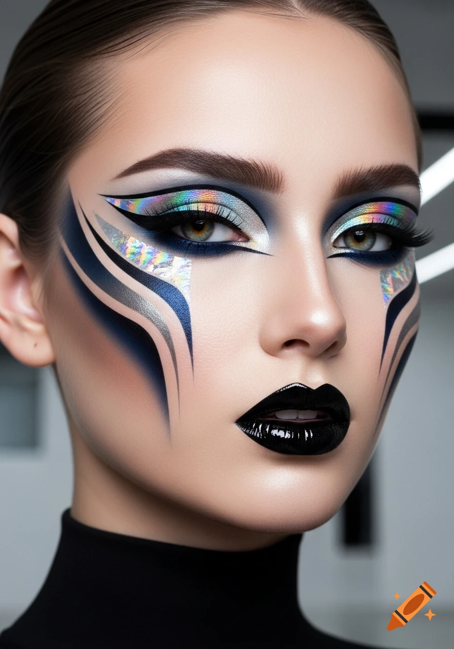 Close-up portrait of a woman with striking high fashion makeup in black, blue, silver, and holographic accents, with glossy black lips.