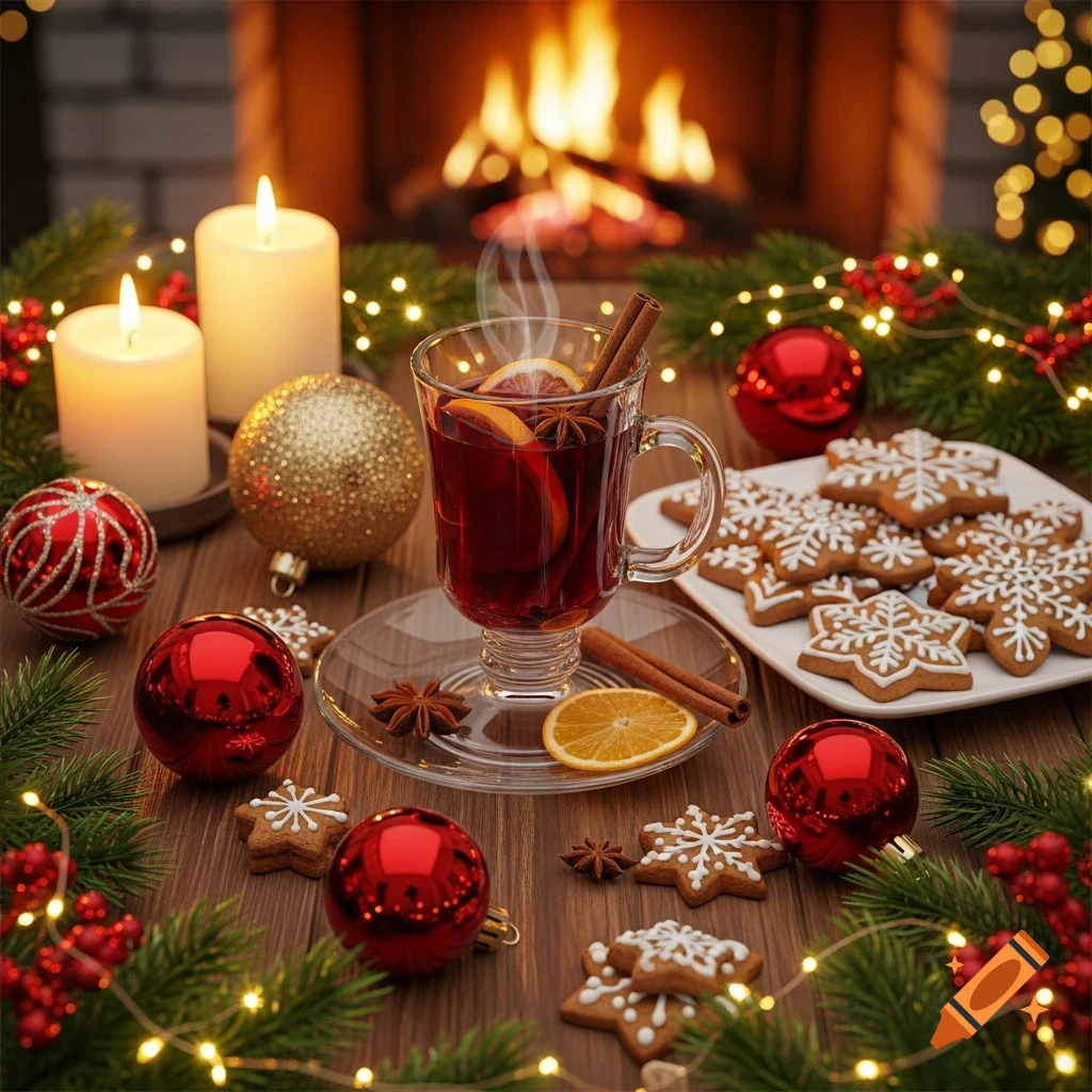 Festive wooden table with Christmas ornaments, gingerbread cookies, and a steaming mug of mulled wine in front of a cozy fireplace.