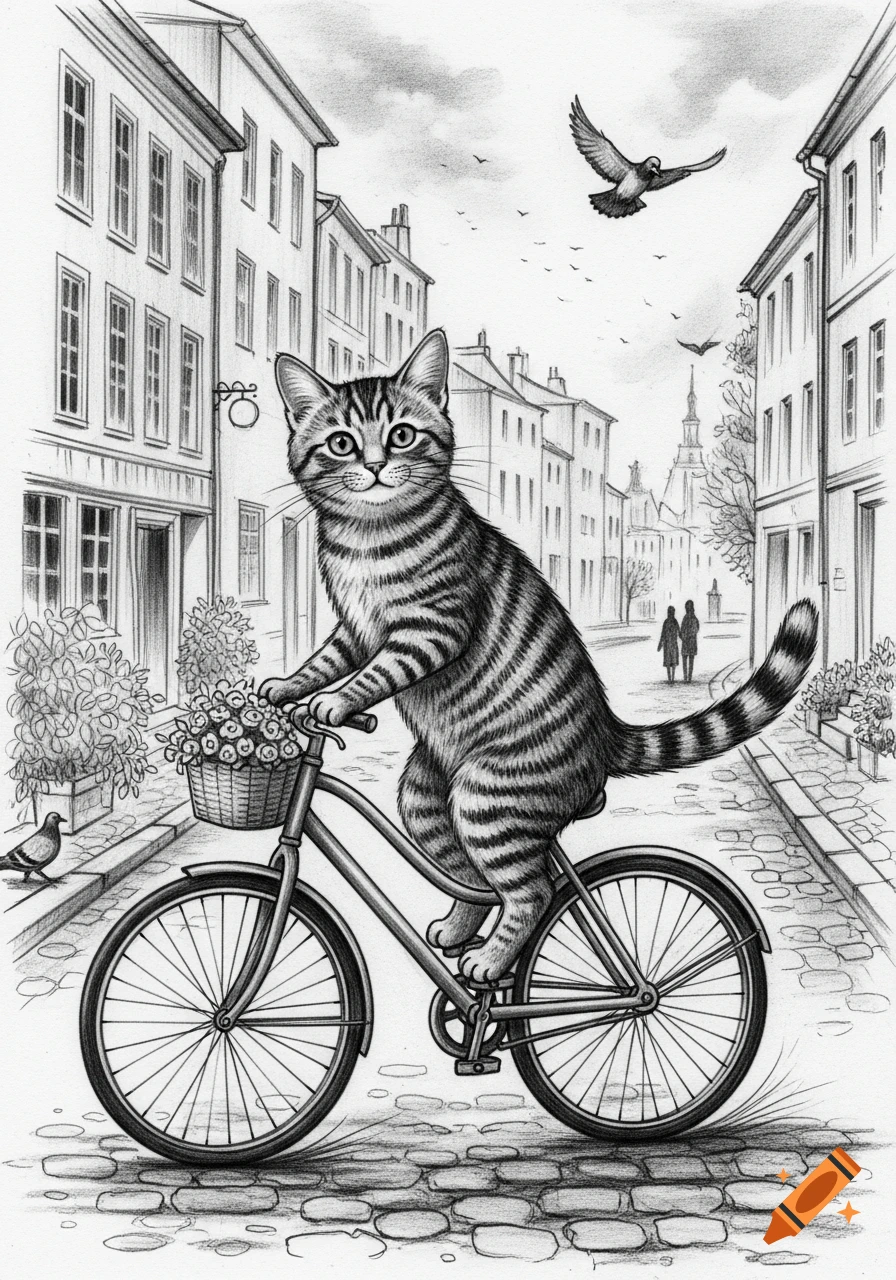 Black and white charcoal drawing of a tabby cat riding a bicycle with flowers down a city street.