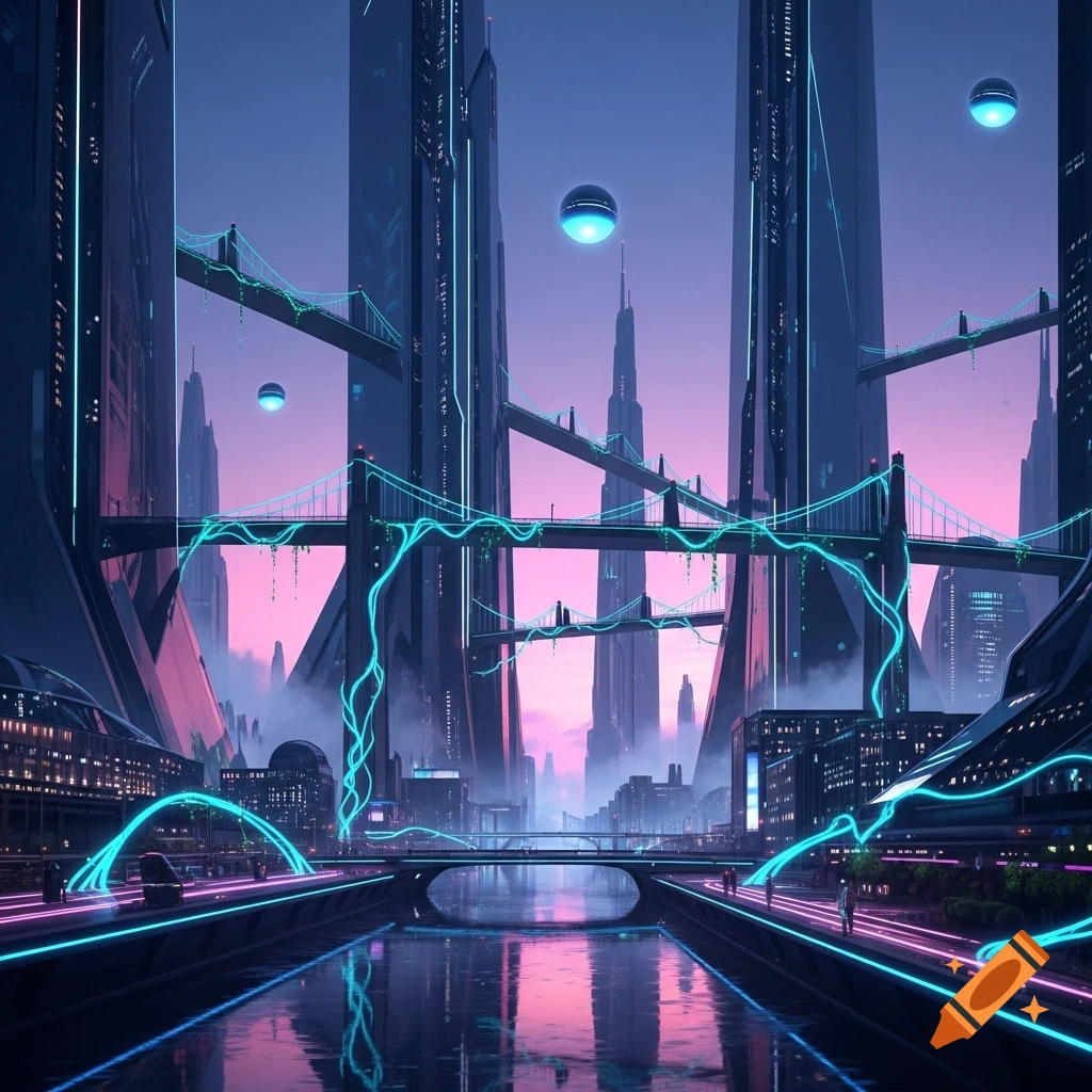 A vibrant, neon-lit futuristic city at dusk, featuring towering skyscrapers, glowing bridges over a river, and a purple-blue sky.