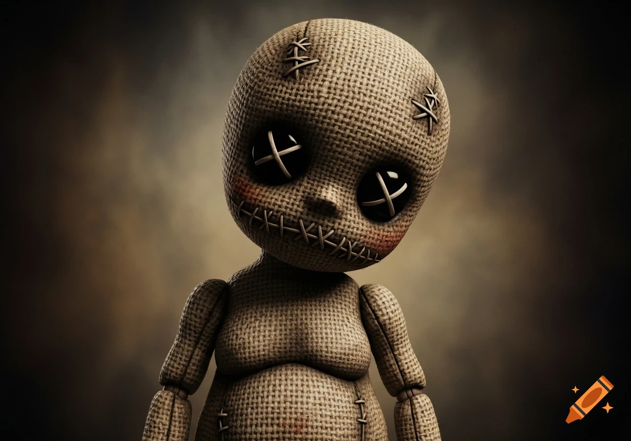 A close-up of a creepy burlap voodoo doll with stitched 'X' eyes and mouth, on a dark, moody background.