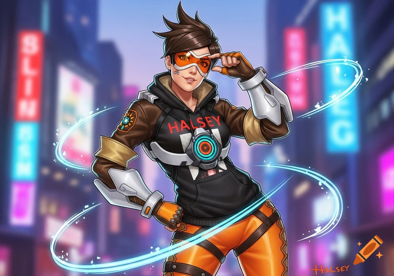 Stylized illustration of Tracer from Overwatch wearing a black hoodie with 'HALSEY' in a neon city setting.
