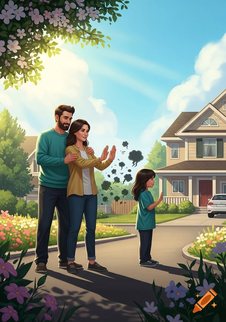 An illustrated family of three, parents and child, standing on a sidewalk in front of their home, making "stop" gestures at abstract black smoke representing conflict.