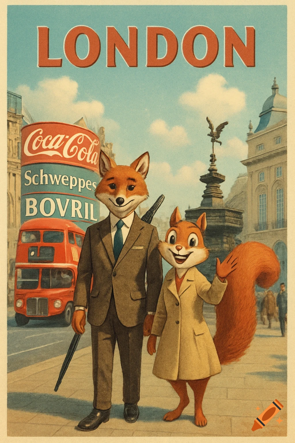 A vintage travel poster of a smiling anthropomorphic fox in a suit and a squirrel in a coat, waving in London, with a red bus behind them.