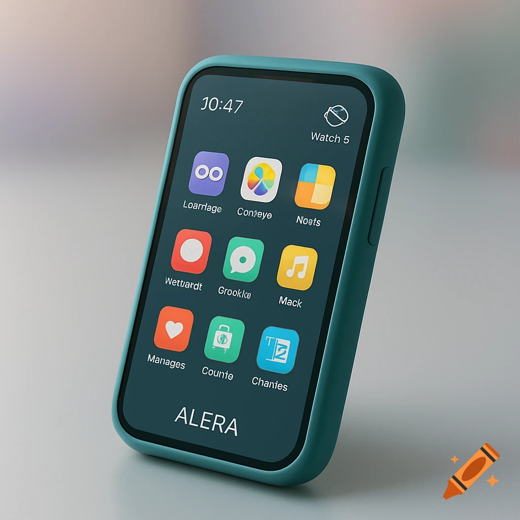 Close-up of a modern teal smartphone displaying a dark interface with various colorful app icons and the time 10:47, labeled 'ALERA' at the bottom.