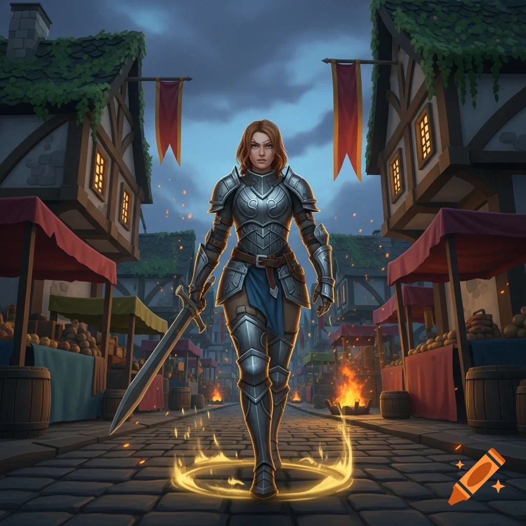 A female knight in shiny silver armor with a sword walks on a cobblestone street through a medieval town with market stalls at dusk.