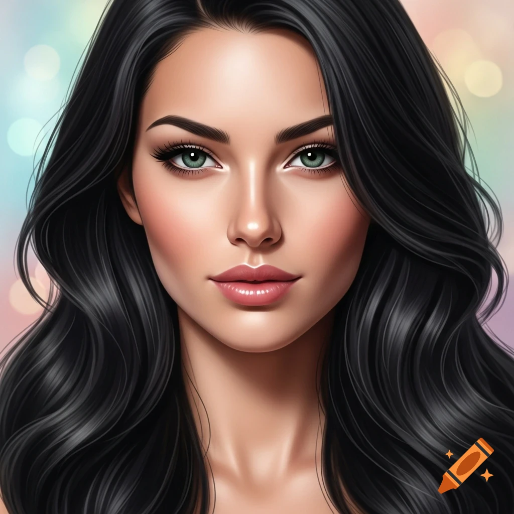 Close-up photorealistic portrait of a woman with long wavy black hair and striking green eyes, against a soft bokeh background.
