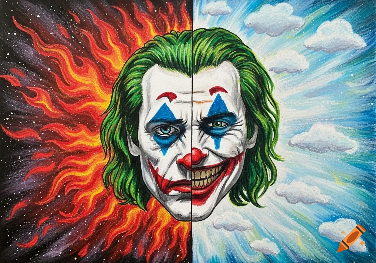 A split portrait of the Joker: one side sad with blue face paint against a fiery background, the other smiling with green face paint against a cloudy blue sky, in an oil pastel style.