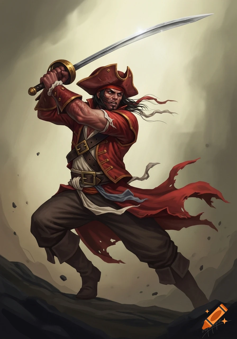 A male pirate in a red coat and tricorn hat lunges forward, holding a cutlass overhead, in a dynamic digital painting style. He has a fierce expression and scars on his face and arm.