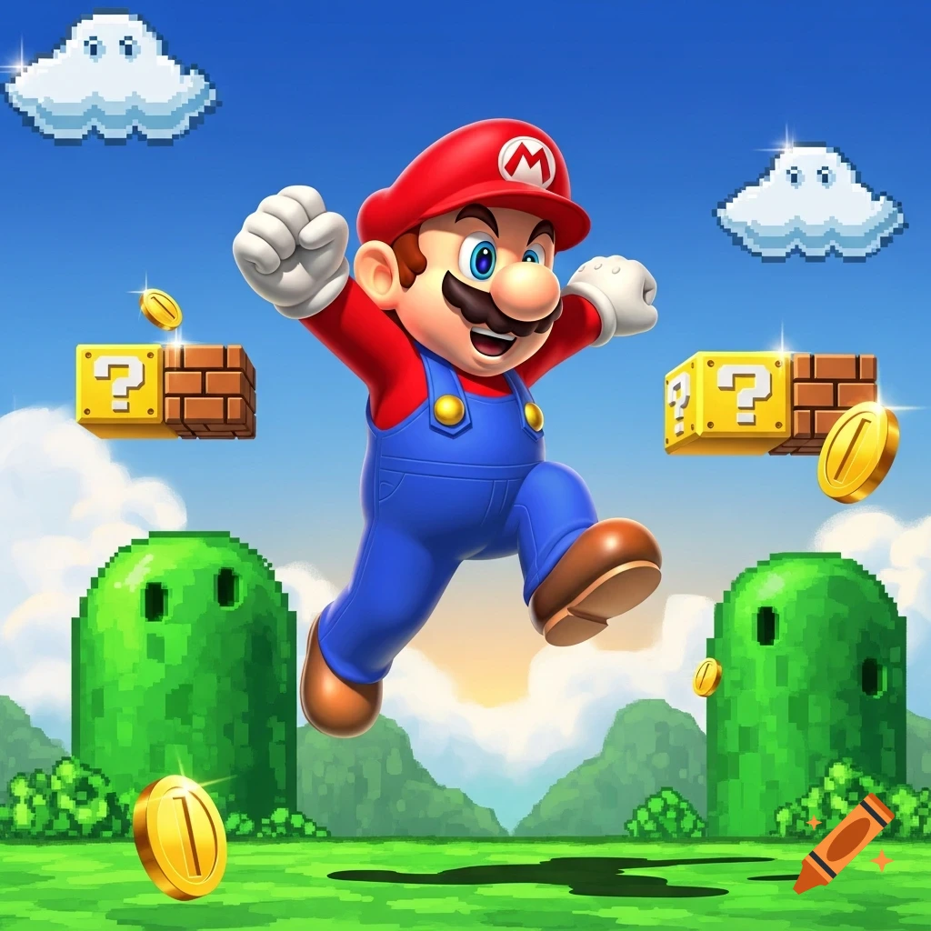 Mario jumps excitedly in a vibrant video game landscape with pixelated clouds, green hills, question blocks, and golden coins.