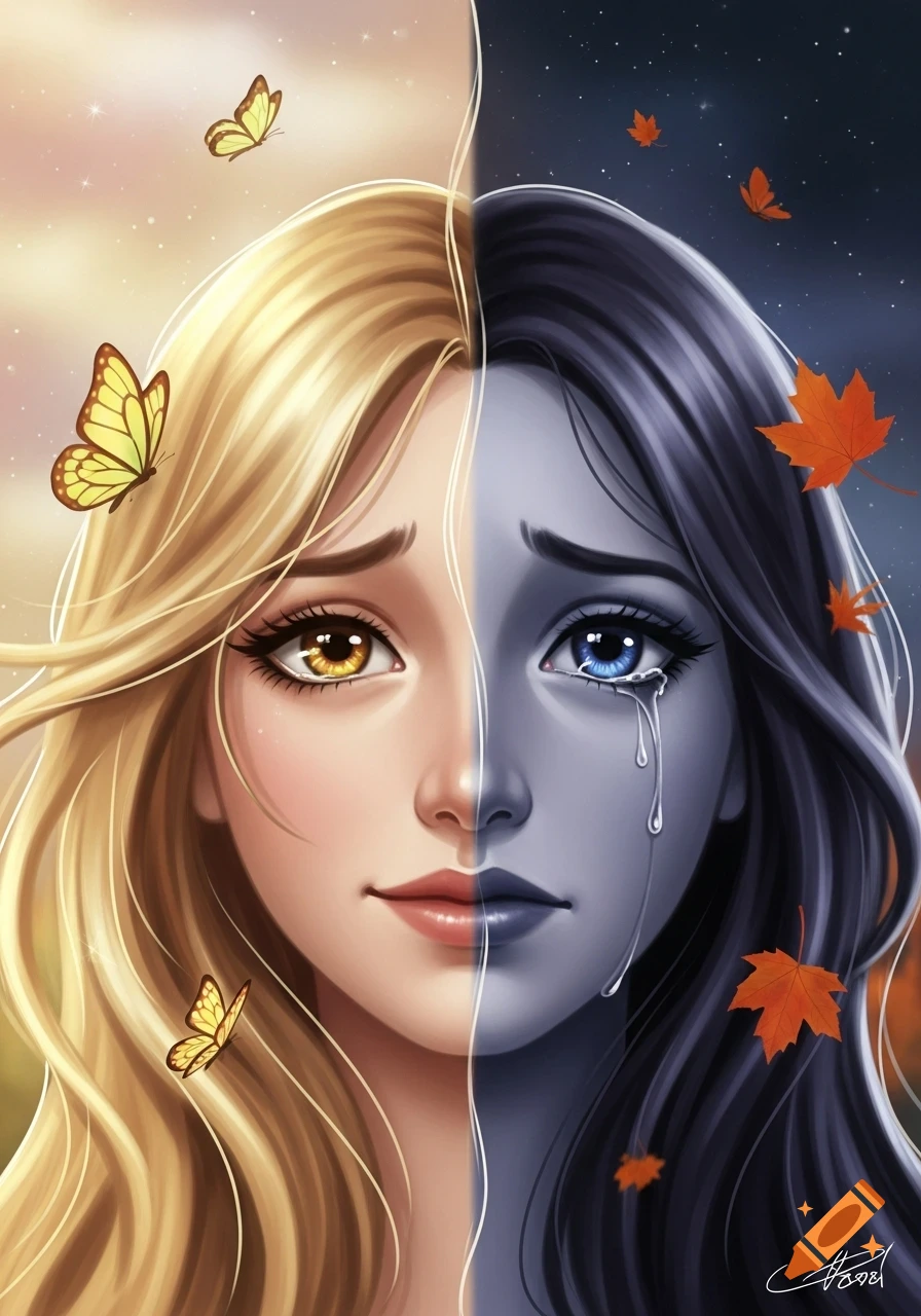 Stylized portrait of a woman's face split, one side happy with blonde hair and butterflies, the other sad with dark hair and autumn leaves.