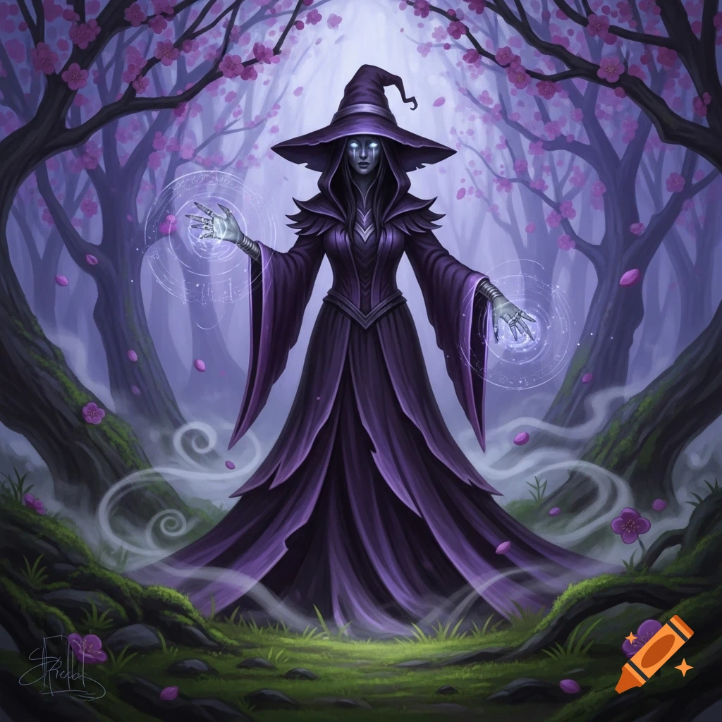A dark witch in a purple robe with glowing hands casting magic in a mystical forest with purple trees and falling petals.