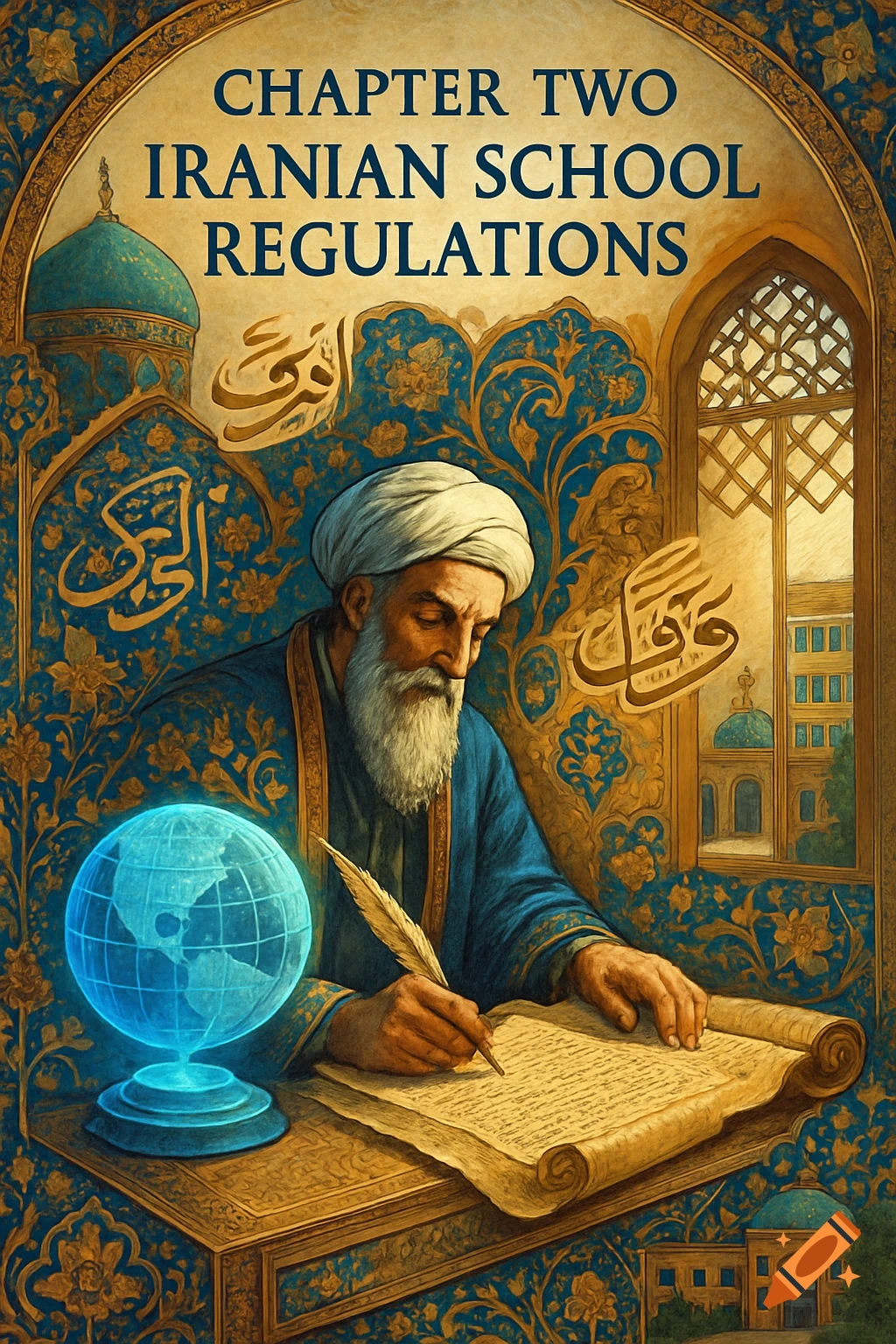 A bearded man in traditional attire writes on a scroll at a desk, with a glowing blue globe, framed by ornate Islamic art.