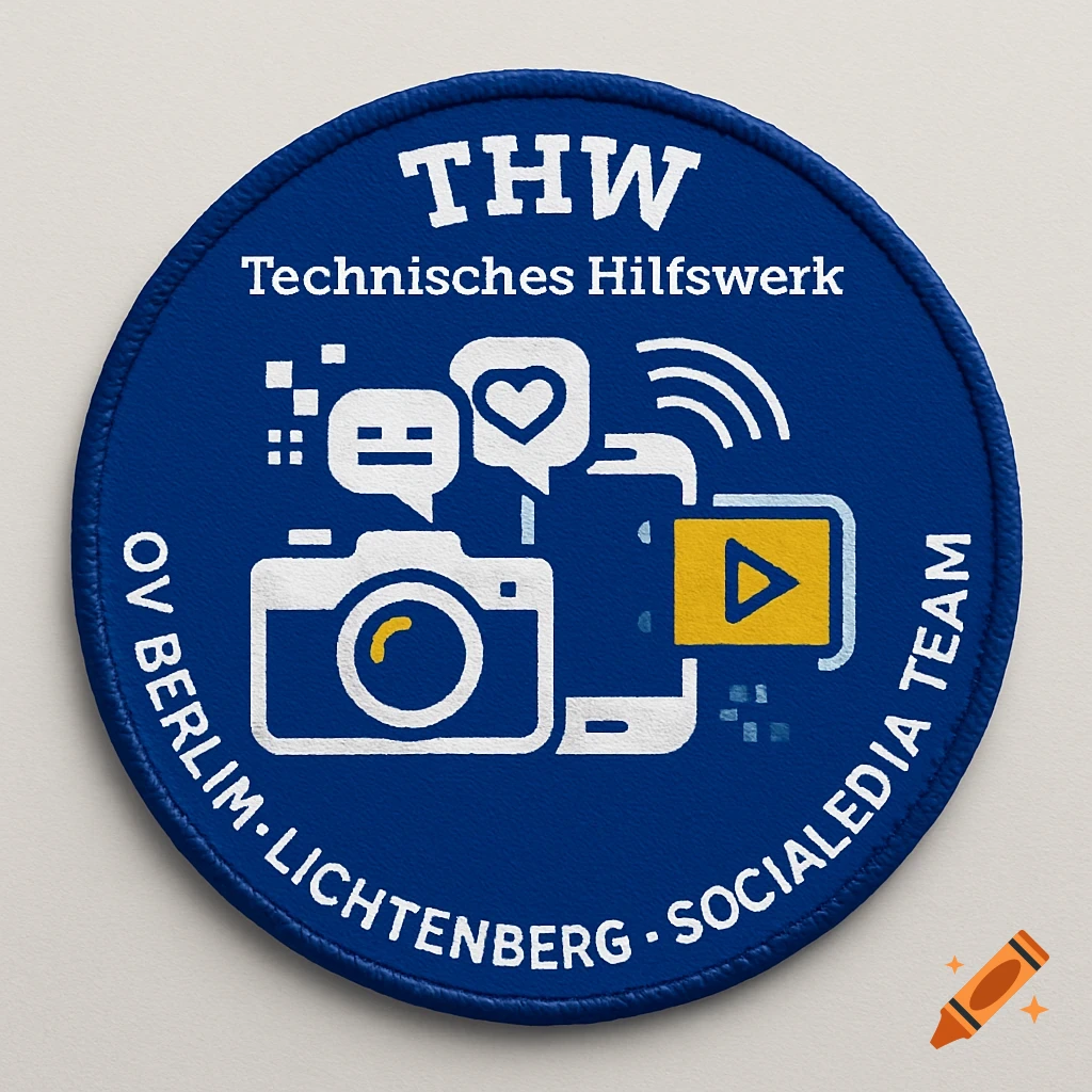 Round blue patch with white text 'THW Technisches Hilfswerk OV Berlin-Lichtenberg Socialmedia Team' and social media icons including a camera, phone, and speech bubbles.