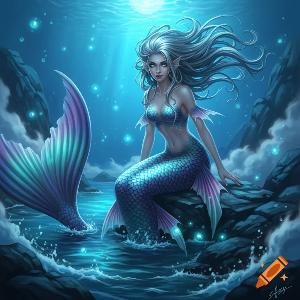 Digital painting of a beautiful mermaid with long silver hair and green eyes, a blue and purple scaled tail, sitting on rocks in glowing blue water.
