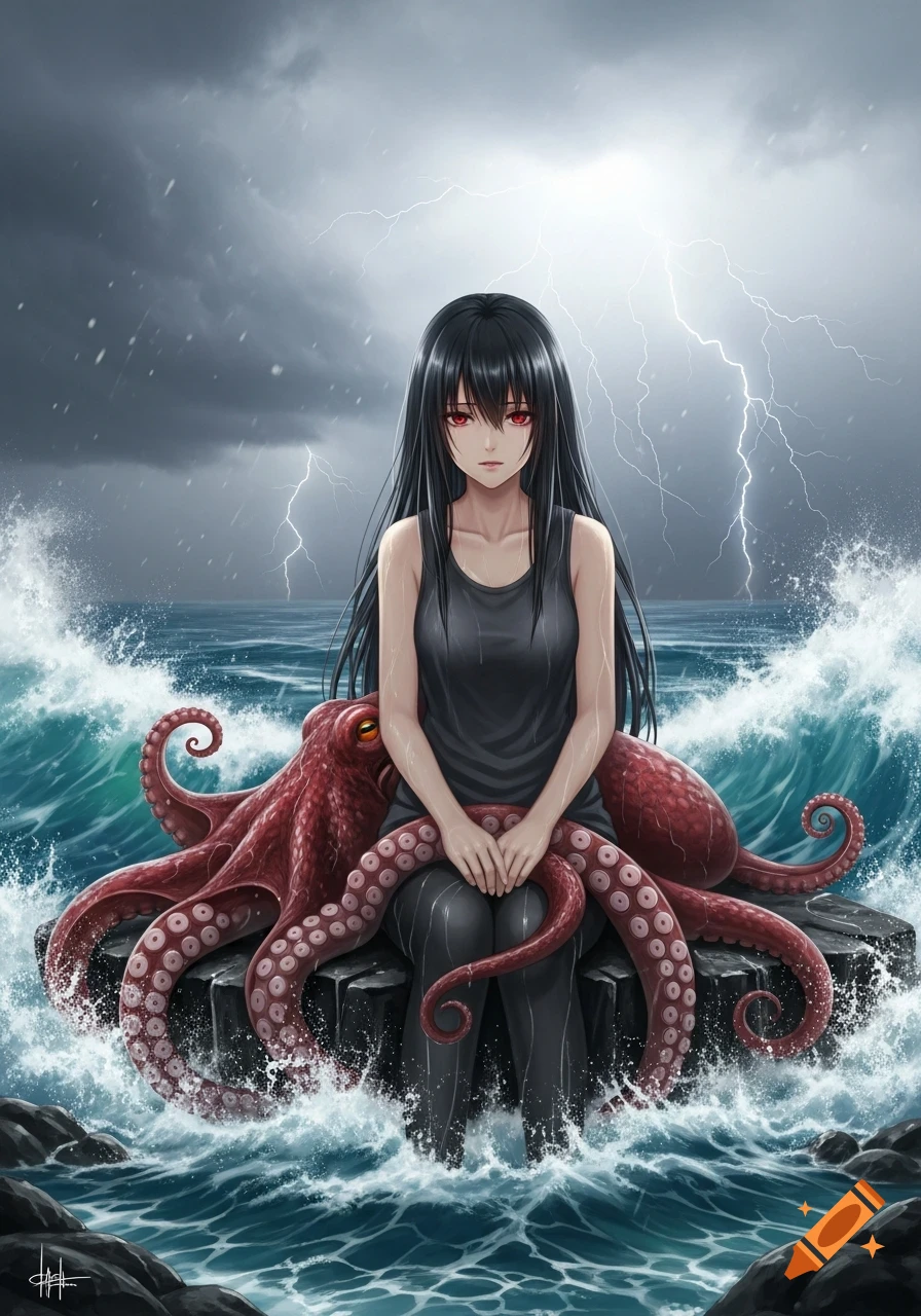Anime woman with long black hair and red eyes sits on a rock, hugging a red octopus in a stormy sea with lightning. Detailed drawing.
