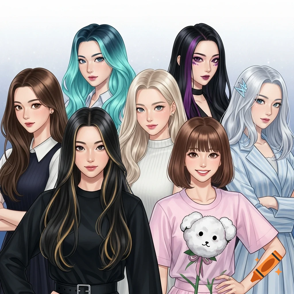 An anime illustration featuring seven young women with diverse hairstyles and colorful outfits, depicted in a group portrait.