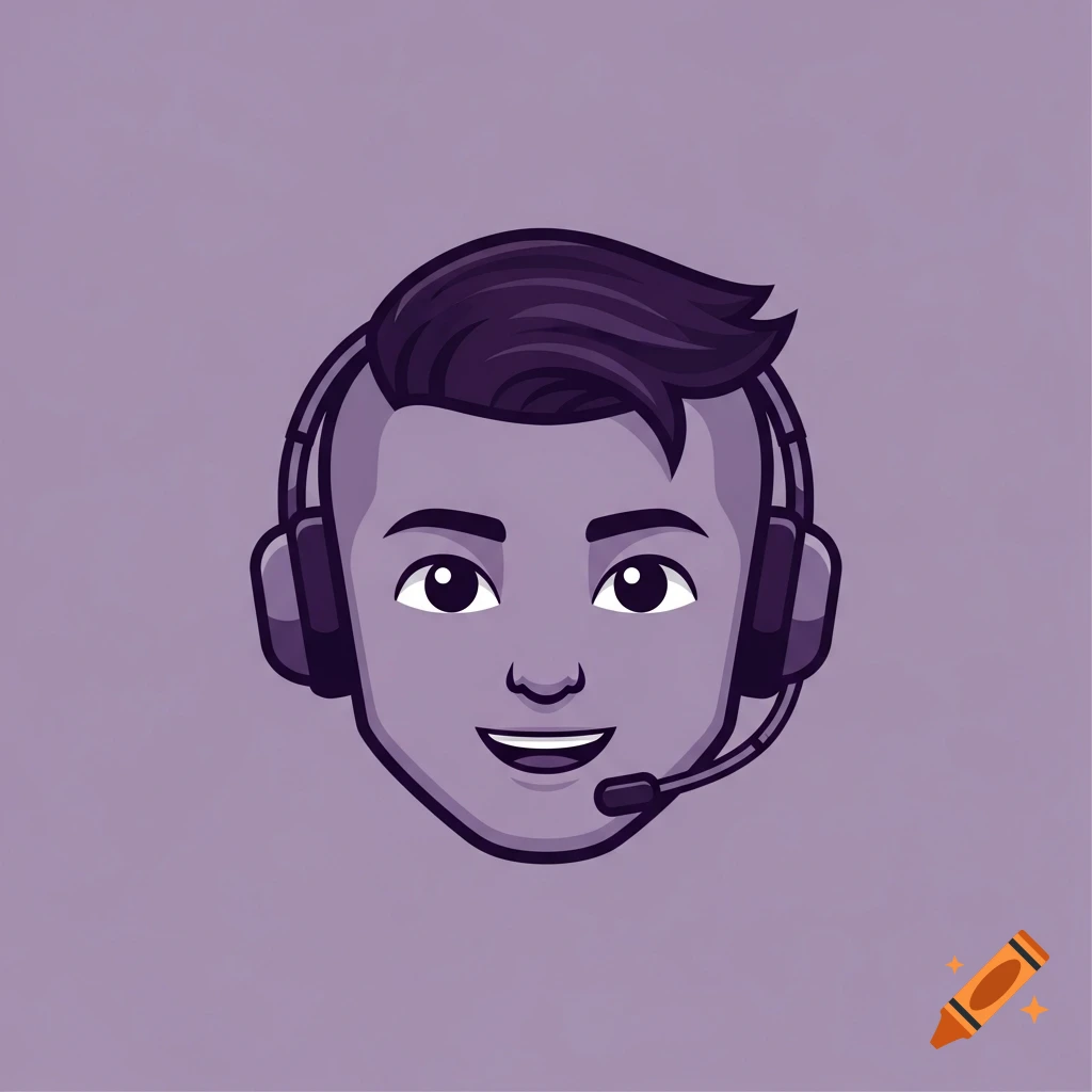 A cartoon head of a smiling man wearing a headset, with purple hair and features, against a lighter purple background.