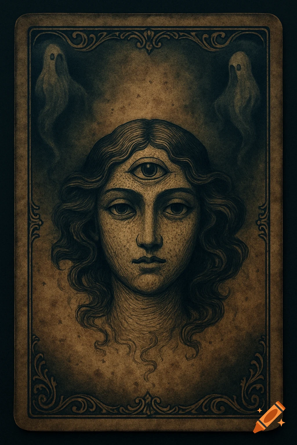 A dark, vintage-style illustration on an old card of a person with a third eye and two floating ghosts, framed by an ornate border.